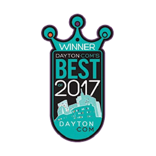A badge that reads "Winner Dayton.com's Best 2017 Dayton.com" with a stylized cityscape and crown on top.