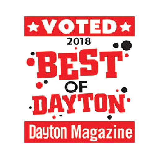 Red and white graphic with text: "Voted 2018 Best of Dayton" and "Dayton Magazine," featuring our delicious Bakery Menu.
