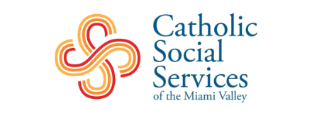 Logo of Catholic Social Services of the Miami Valley featuring intertwined loops in red and yellow beside the organization's name in blue text.