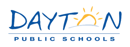 Logo of Dayton Public Schools featuring the word "Dayton" with a sun rising above the last letter "O" and "Public Schools" written below.