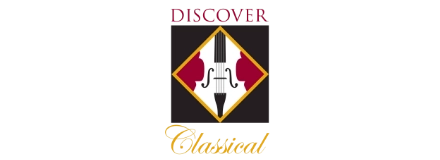 Discover Classical logo featuring a stylized cello on a black and yellow diamond background, with 'Discover Classical' text above and below.