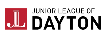 Logo of Junior League of Dayton with a red square containing a white column design on the left and black text on the right.