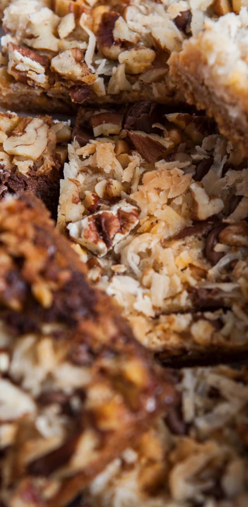 Close-up of baked dessert bars with a topping of coconut flakes, chopped nuts, and melted chocolate.