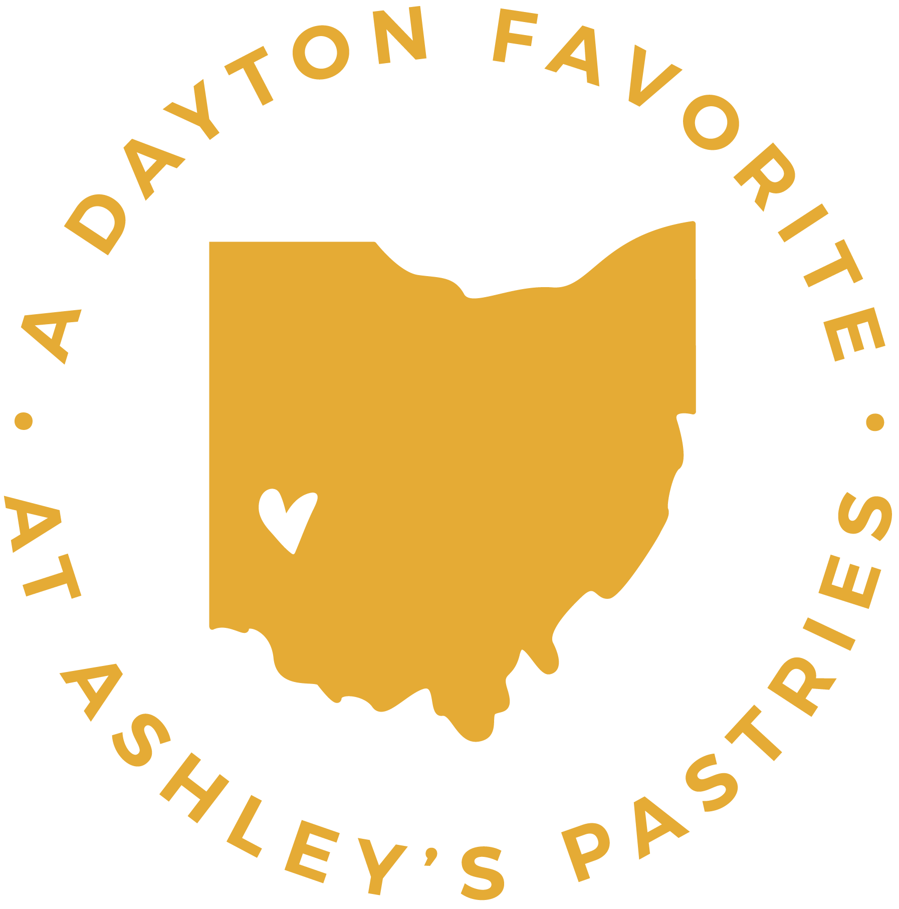 Yellow outline of Ohio with a heart shape inside, surrounded by the text "A Dayton Favorite at Ashley's Pastries. Delight in our delicious cookies!